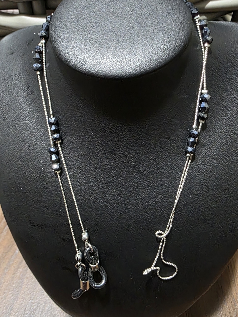 Elegant Black Bead Station Silver Necklace - Women Jewelry